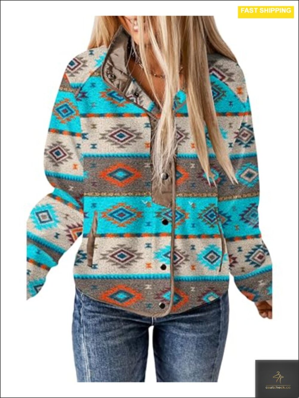 Women's Fleece Jacket Aztec Print Snap Button Down Casual Coat